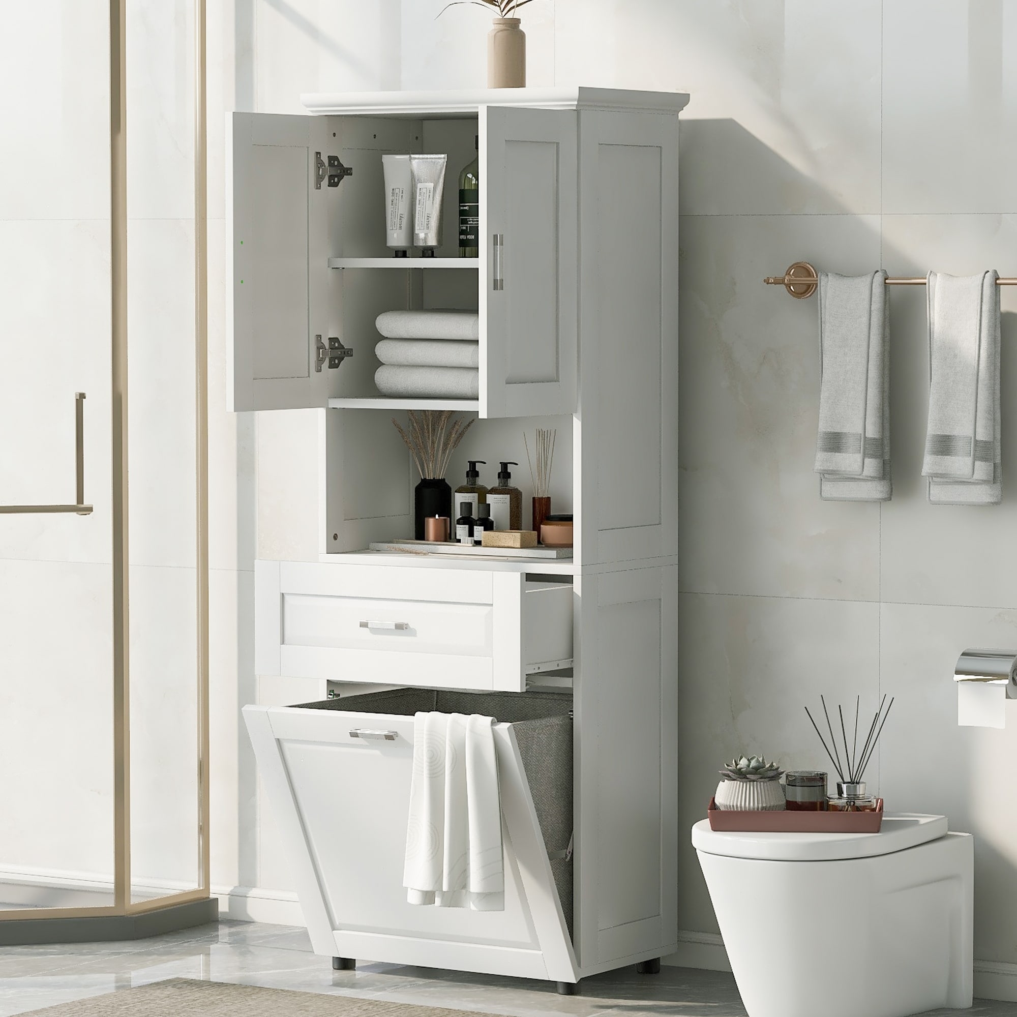Tall Bathroom Cabinet: Shaker Doors Vertical White Linen Tower