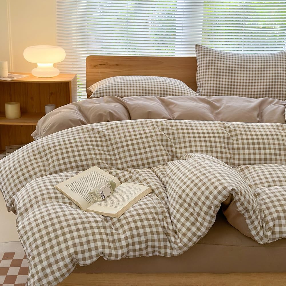 Tan Gingham Duvet Cover Set | Mushroom Lamp Styling