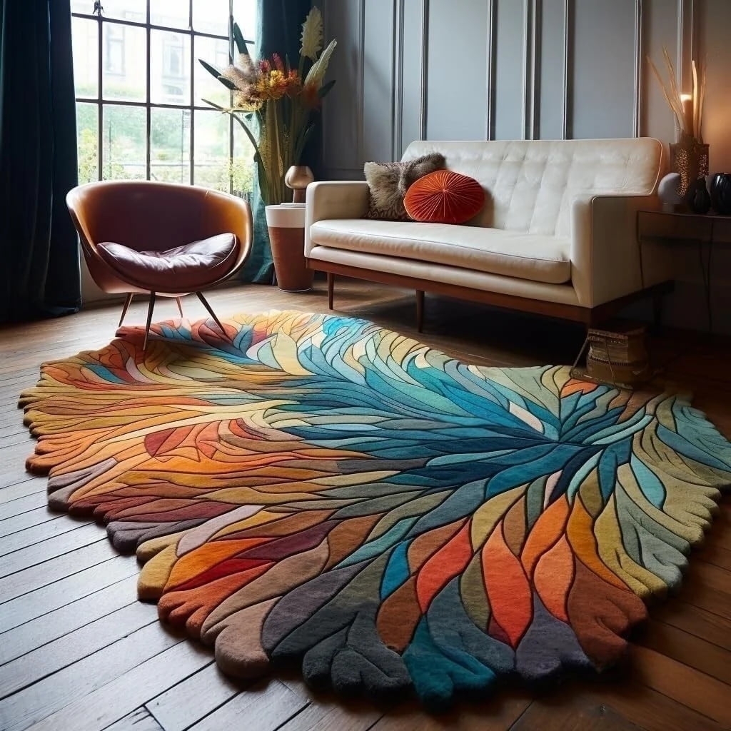 Textured Colorful Leaf Carpet with High-Low Pile Botanical Design.