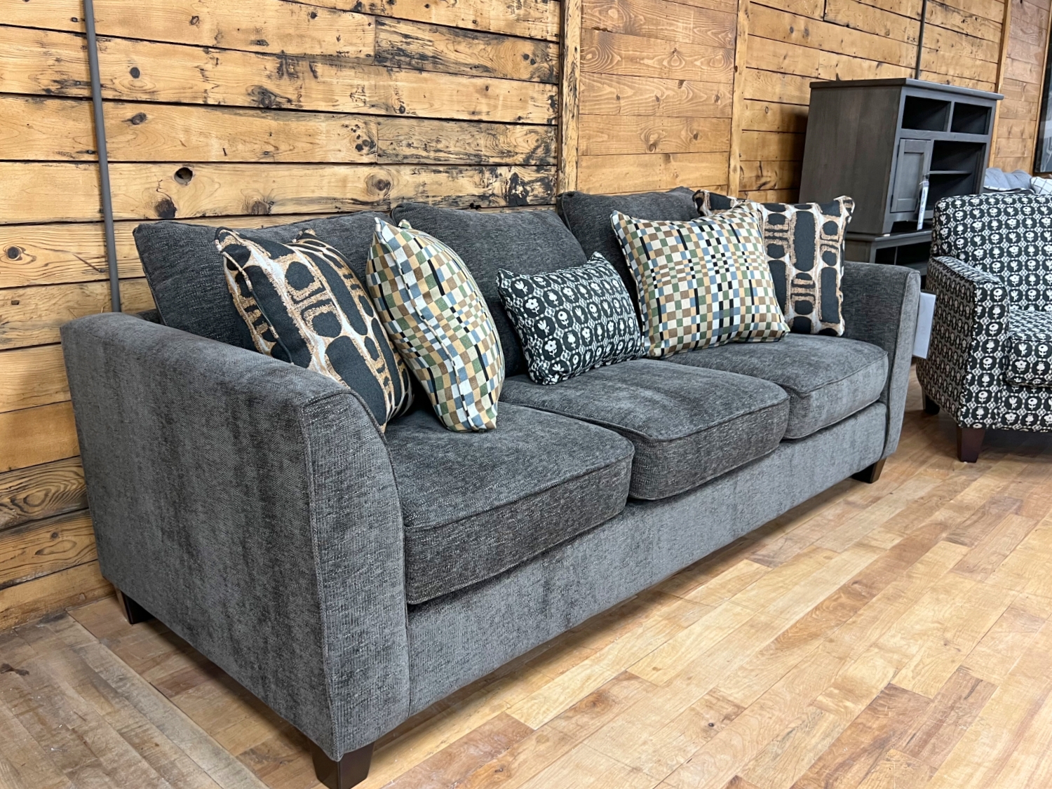 Three Seat Sofa Geometric Pillows Charcoal Grey Couch