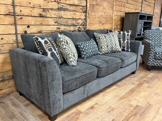 Three Seat Sofa Geometric Pillows Charcoal Grey Couch