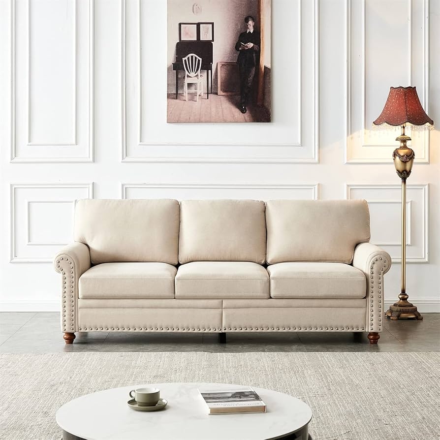 Three Seat Sofa With Silver Nailhead Trim: Neutral Fabric Couch
