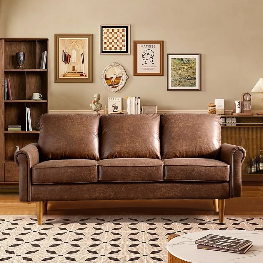Three Seater Sofa Distressed Dark Brown Leather Like Sofa