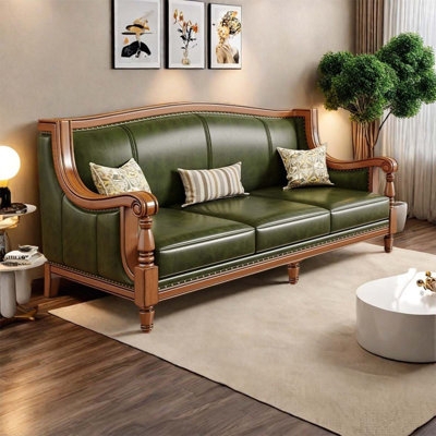 Three Seater Sofa: Ornate Wood Frame Classic Green Seating