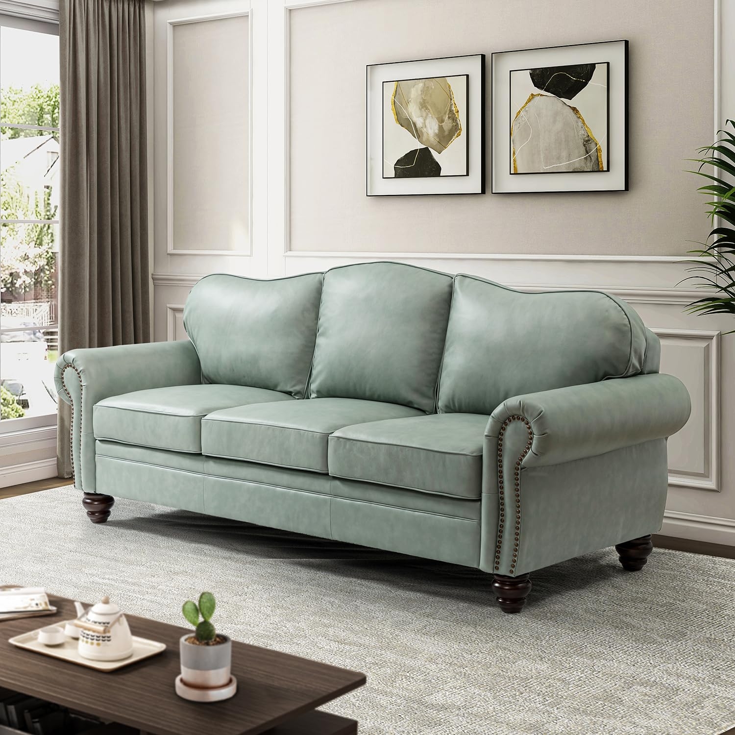 Three-Seater Sofa with Camelback Silhouette Sage Green Rolled Arms