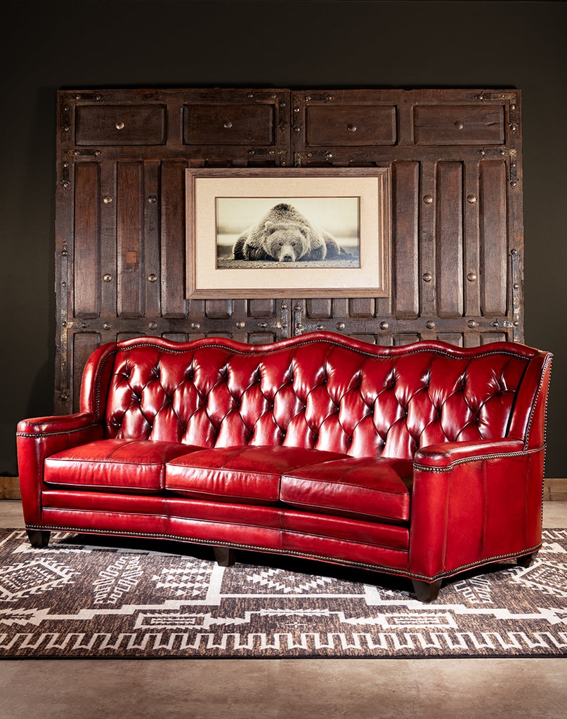 Three Seater Sofa With Scalloped Tufted Back Western Lodge Style