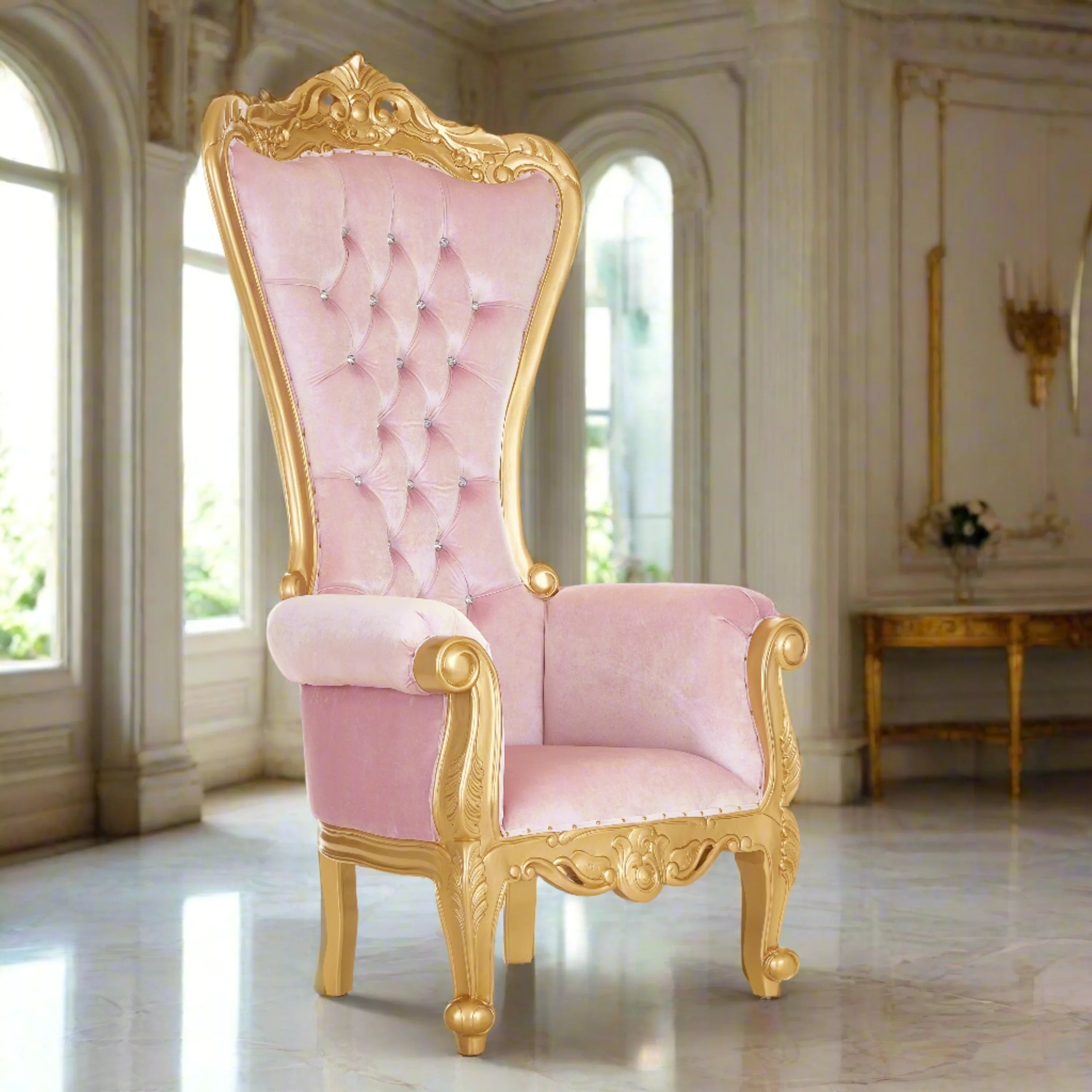 Throne Chair with Extra High Back in Pink Blush Velvet
