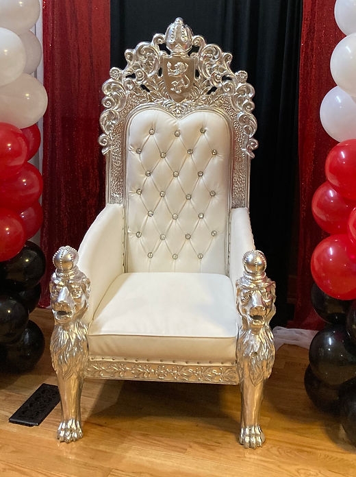 Throne Chair with Silver Ornate Frame and Lion Crest