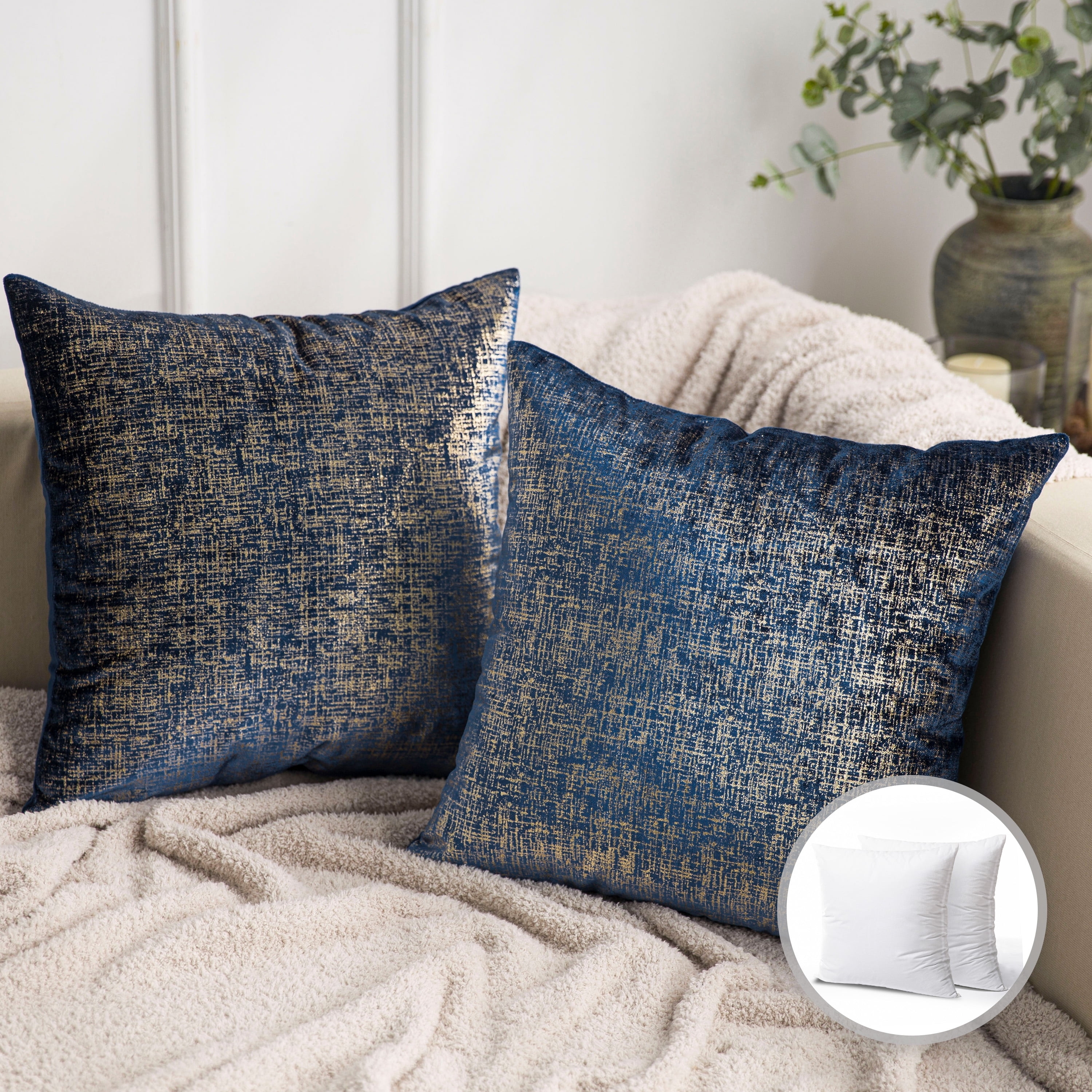 Throw Pillow Bronzed Velvet Metallic Navy Gold Set of 2