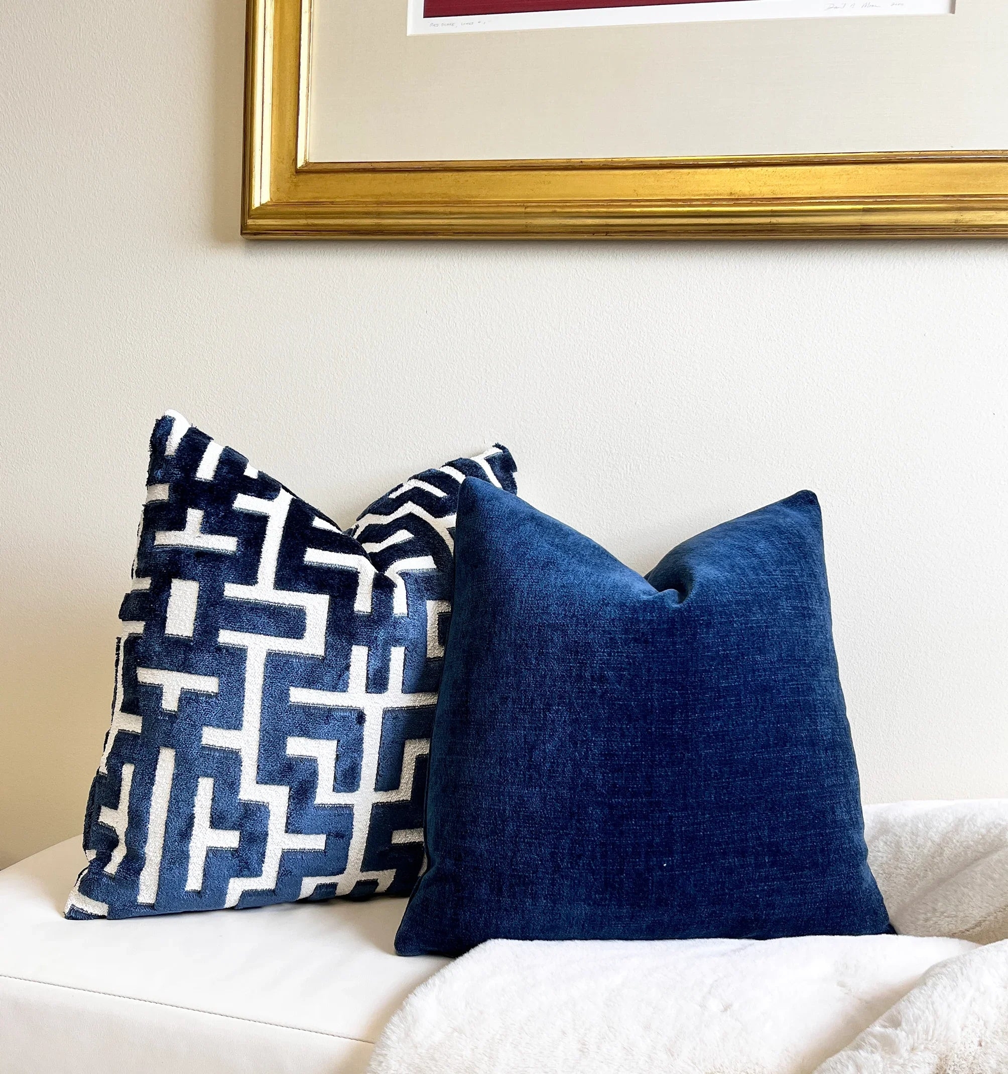 Throw Pillow Geometric Graphic Motif Navy Blue Velvet