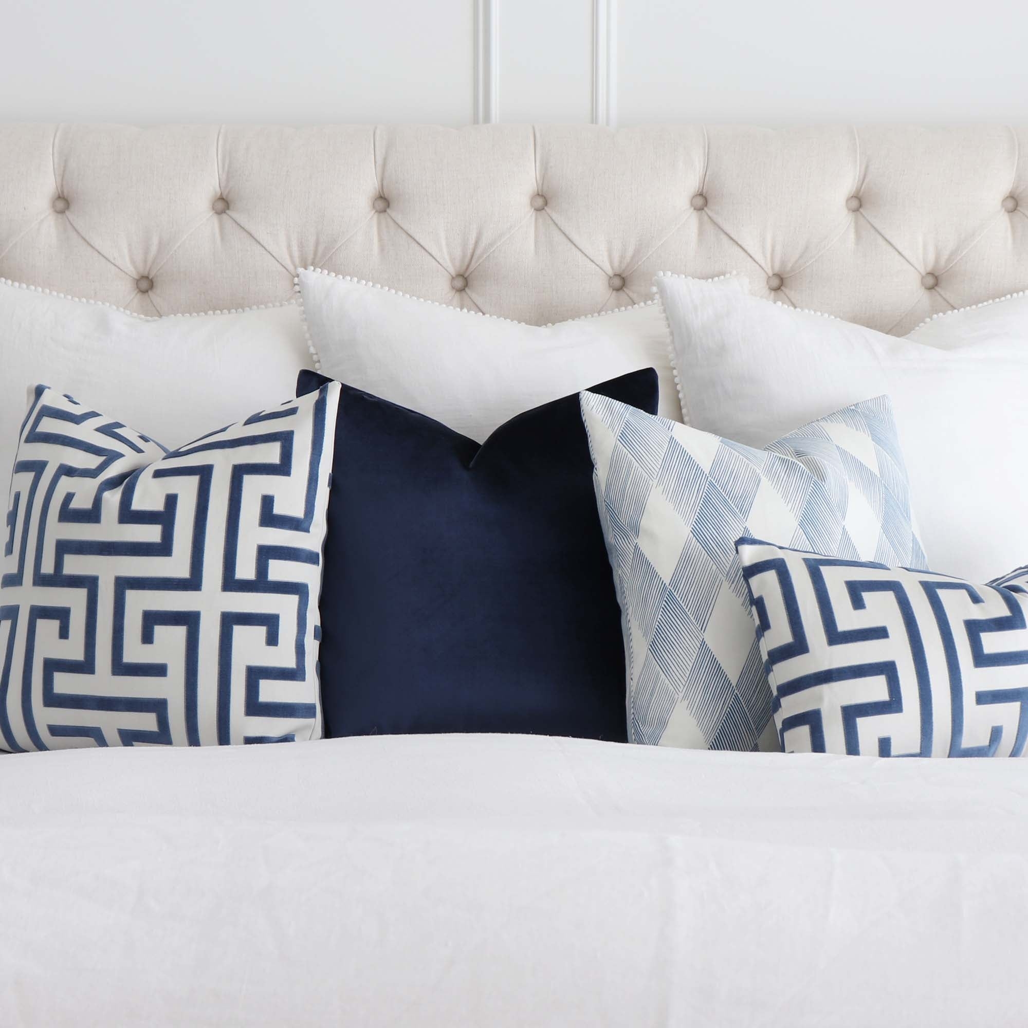 Throw Pillow Greek Key Pattern Tufted Detailing Blue Mix