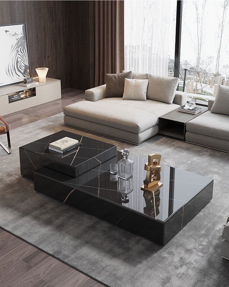Tiered Coffee Table with Nested Rectangles and Gold