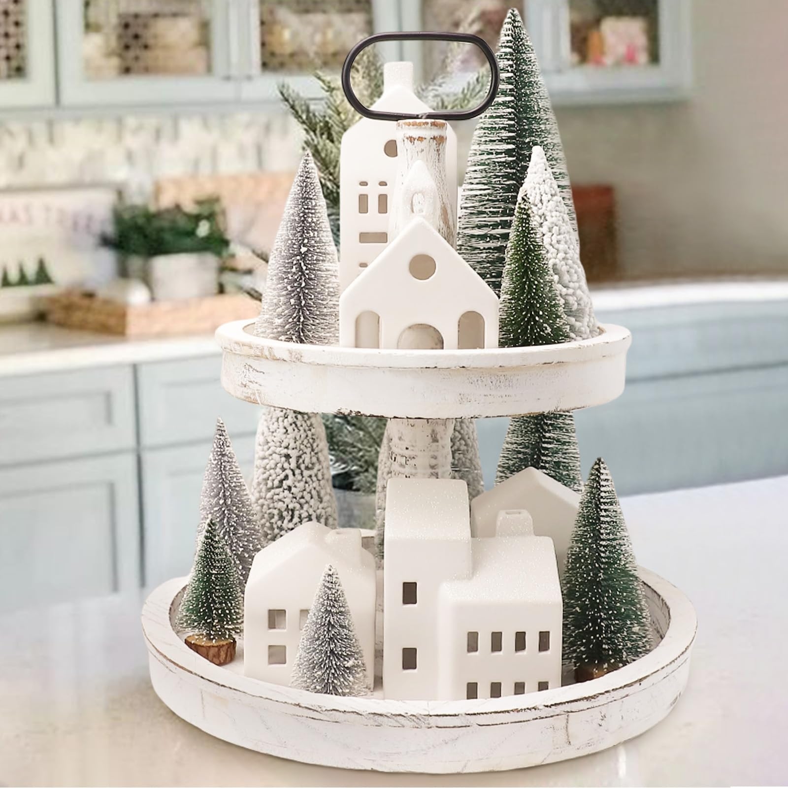 Tiered Tray Set: Distressed Whitewash Ceramic Village Display