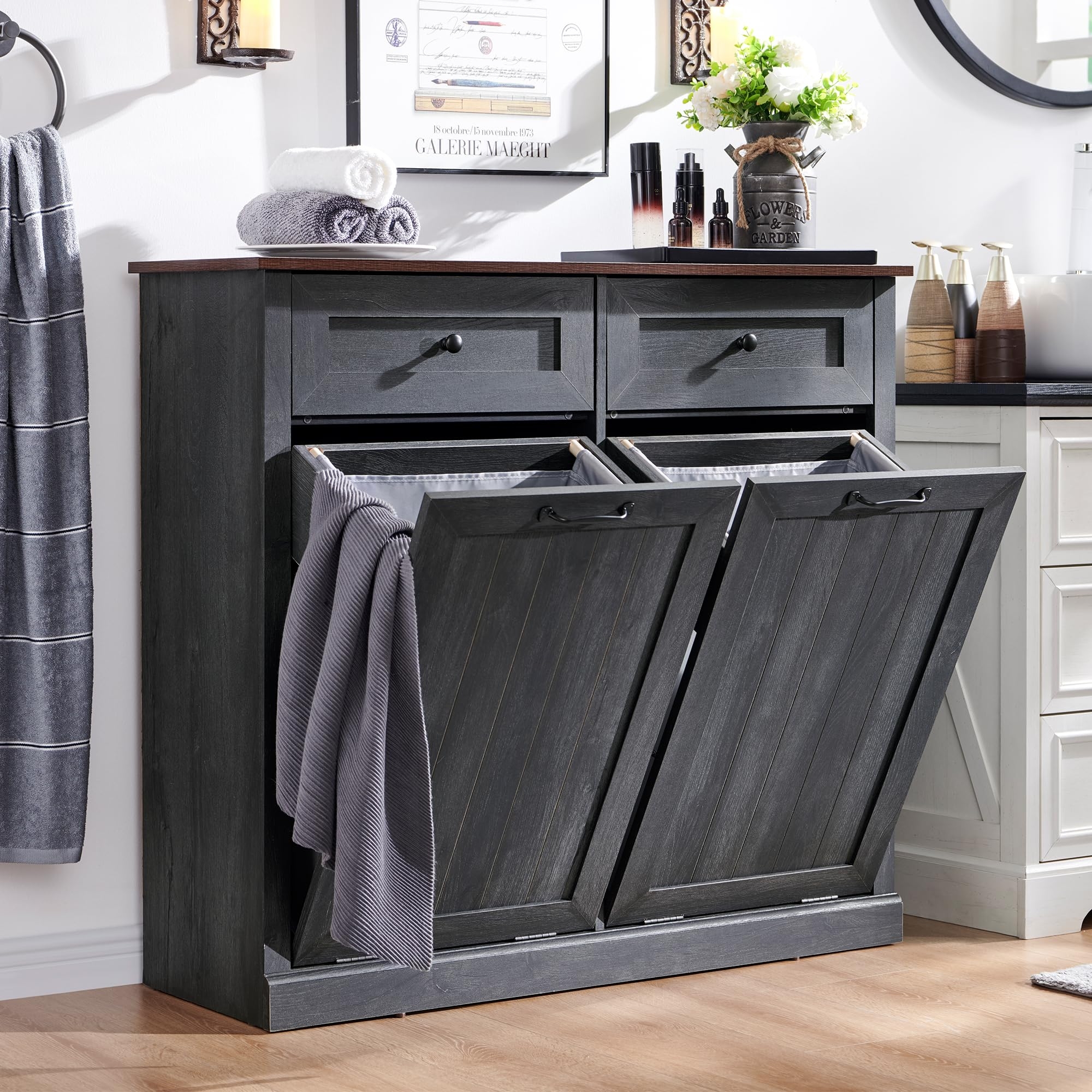 Tilt-Out Hamper Cabinet: Dark Grey Double Bin Storage Drawers