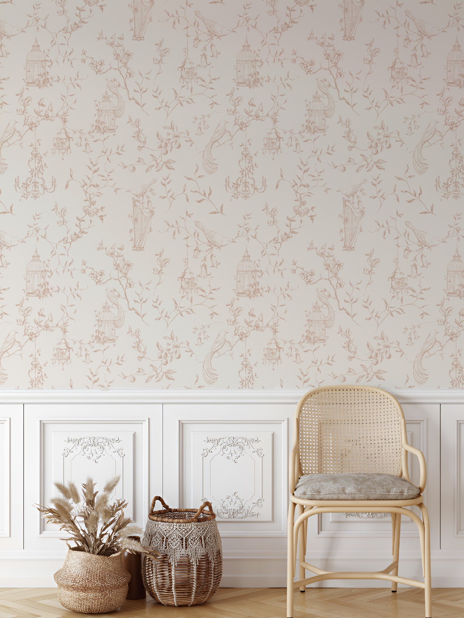 Toile Wallpaper with Cane Backrest French Paneling