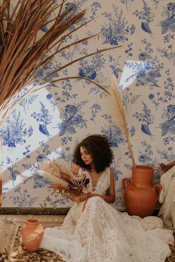Toile Wallpaper with Terracotta Accents Bohemian Style