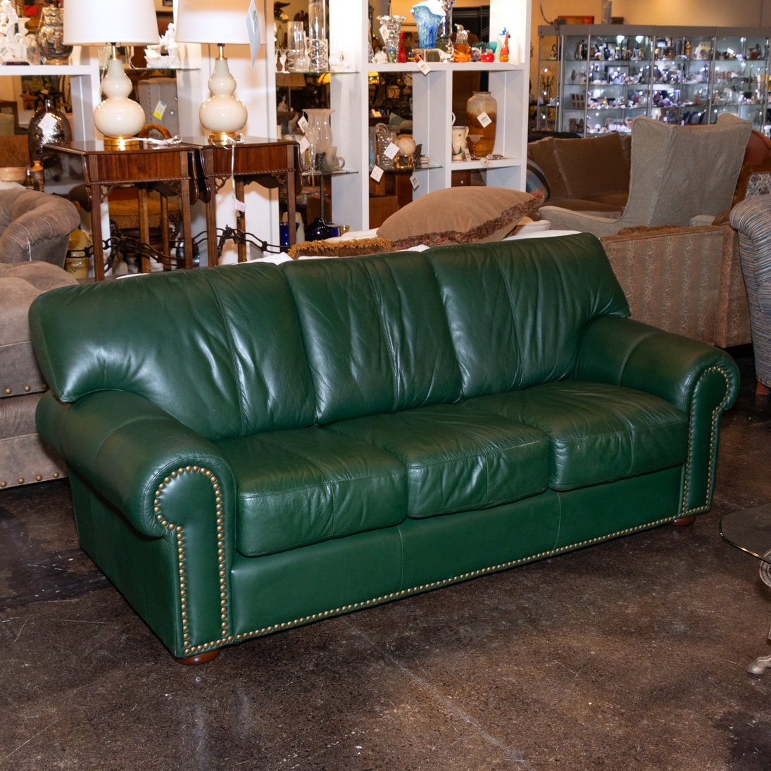 Traditional Rolled Arm Sofa with Brass Nailhead Trim and Pleated Arms