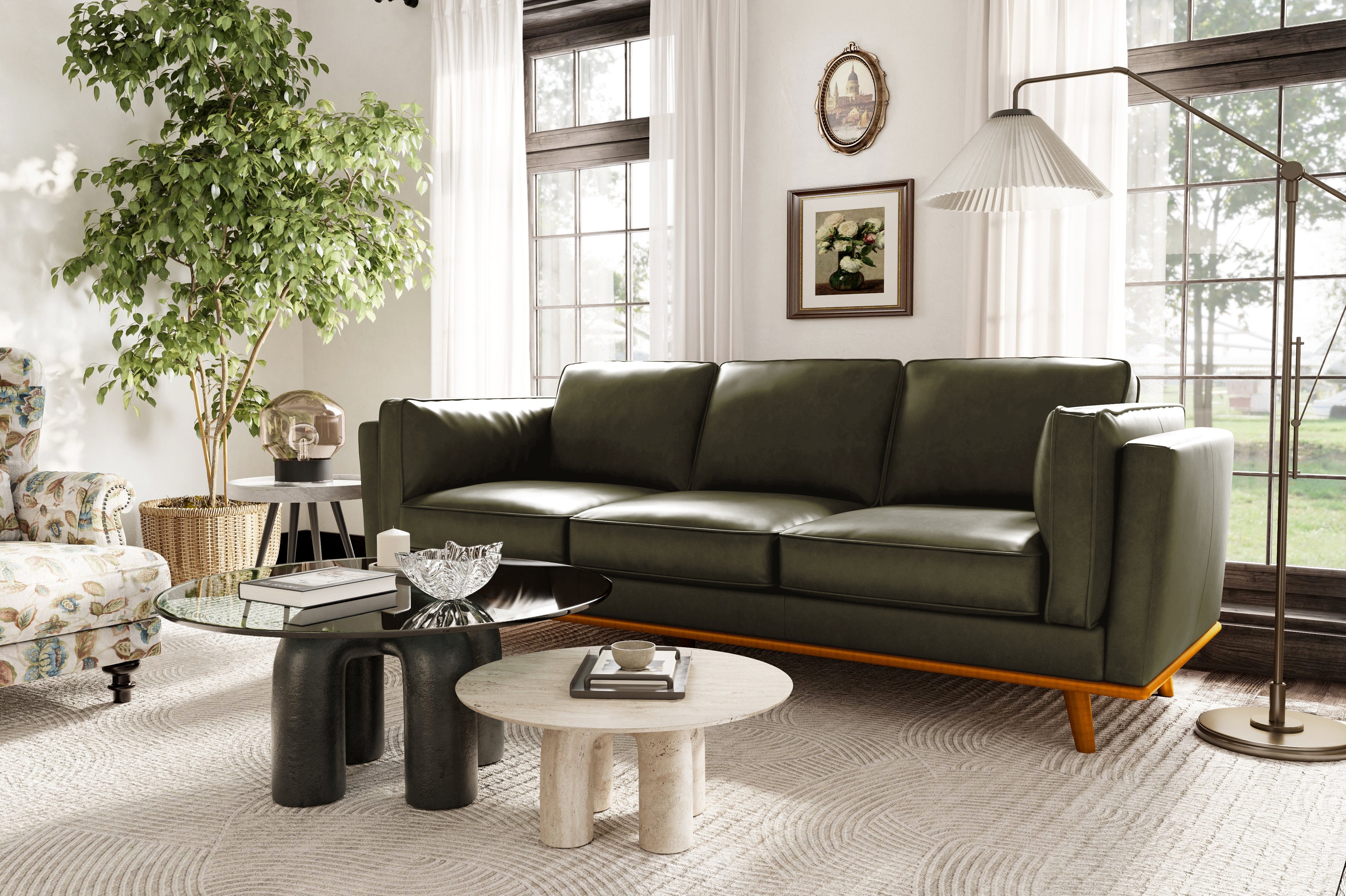 Transitional Leather Sofa with Wide Arms and Tapered Wood Legs