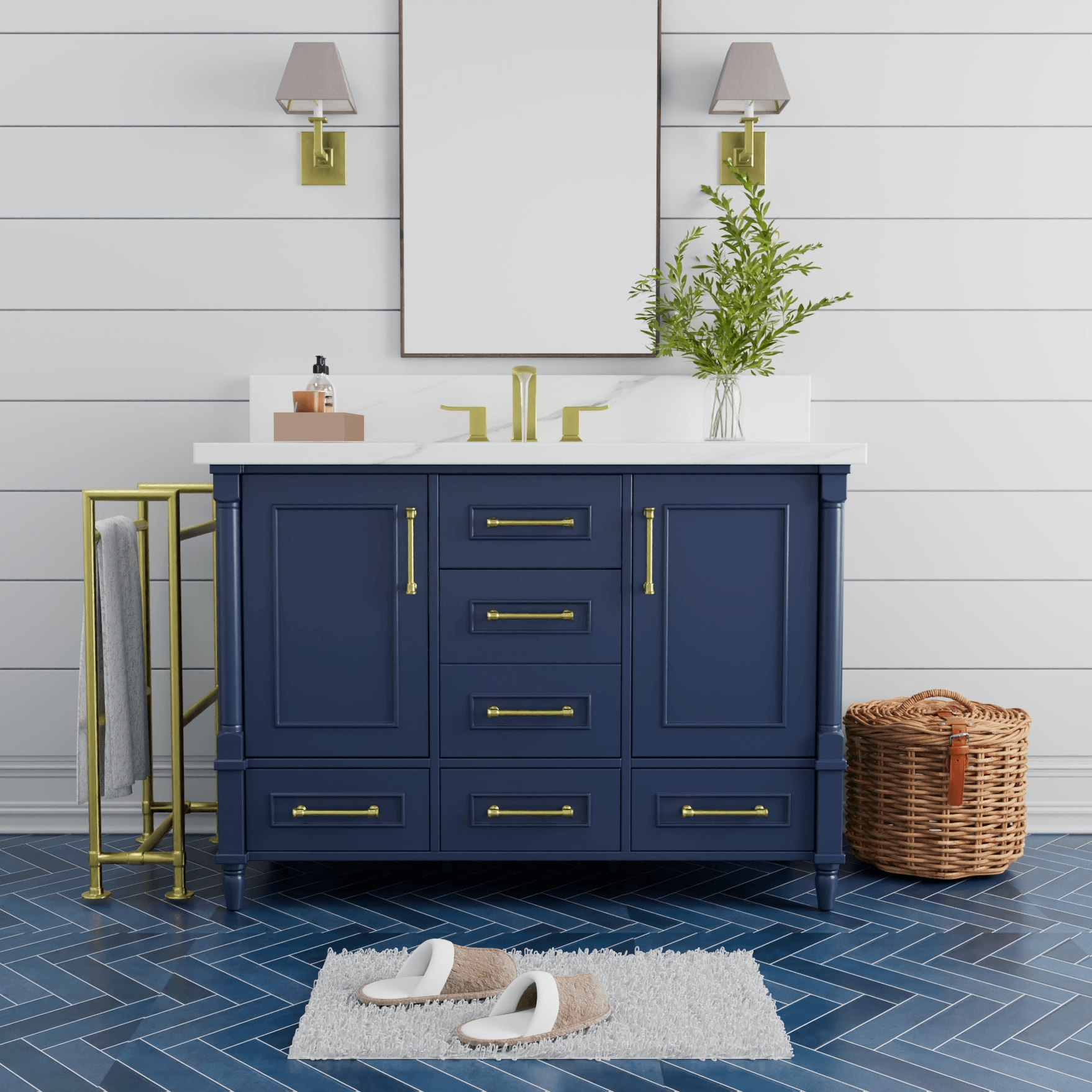 Transitional Vanity Cabinet: Shaker Style with Herringbone Tile Floor