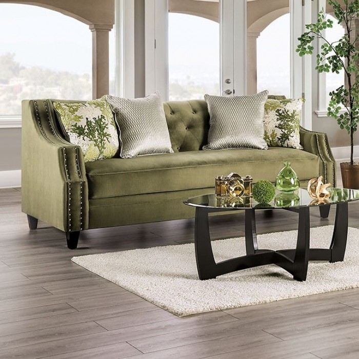 Transitional Velvet Sofa with Diamond Tufting and Sloped Arms