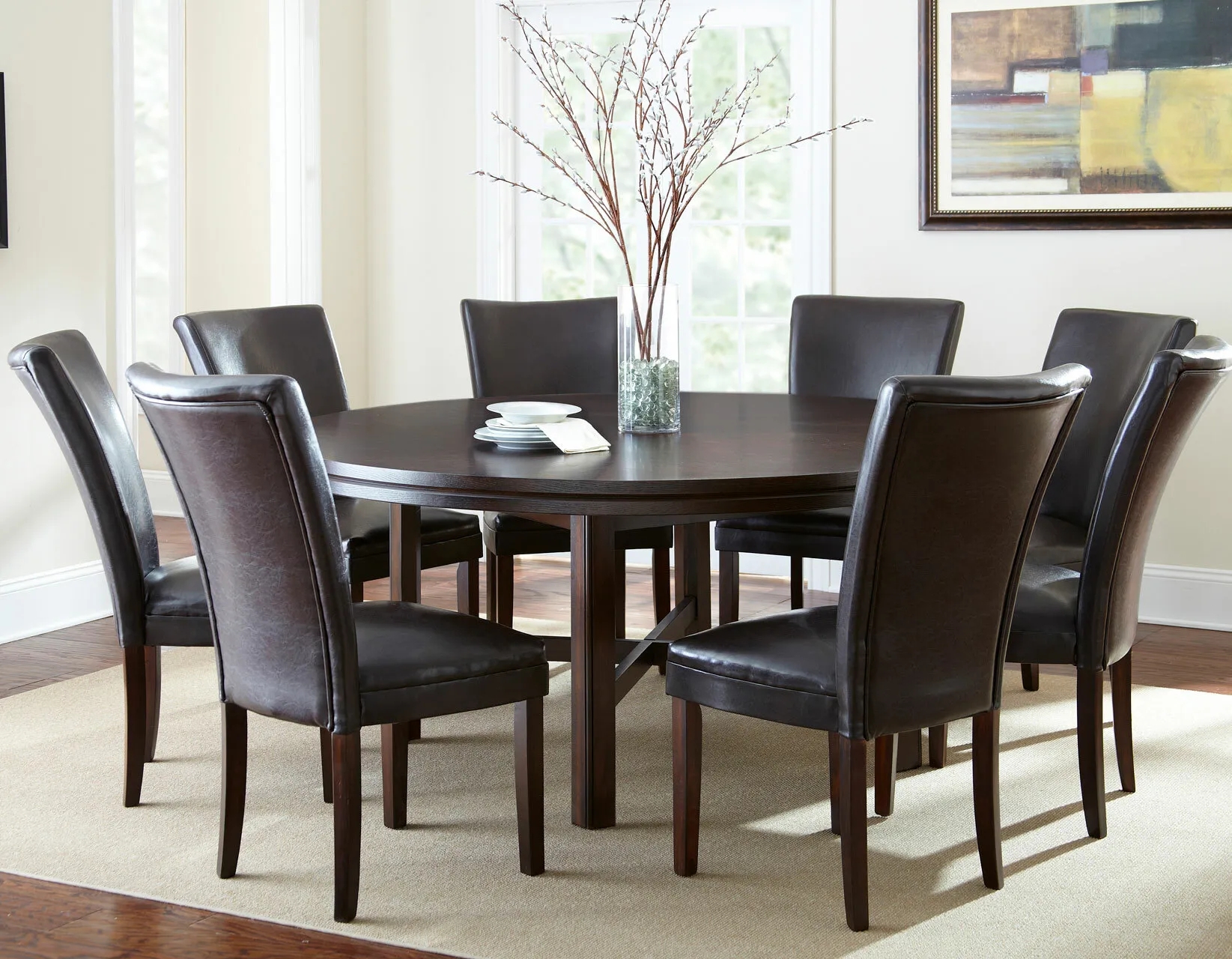 Trestle Base Round Dining Table 72 Inch in Dark Espresso Wood.