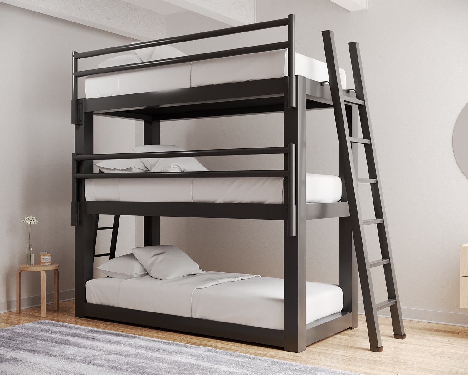 Triple Bunk Bed: Charcoal Grey Three Tier Industrial Metal Frame