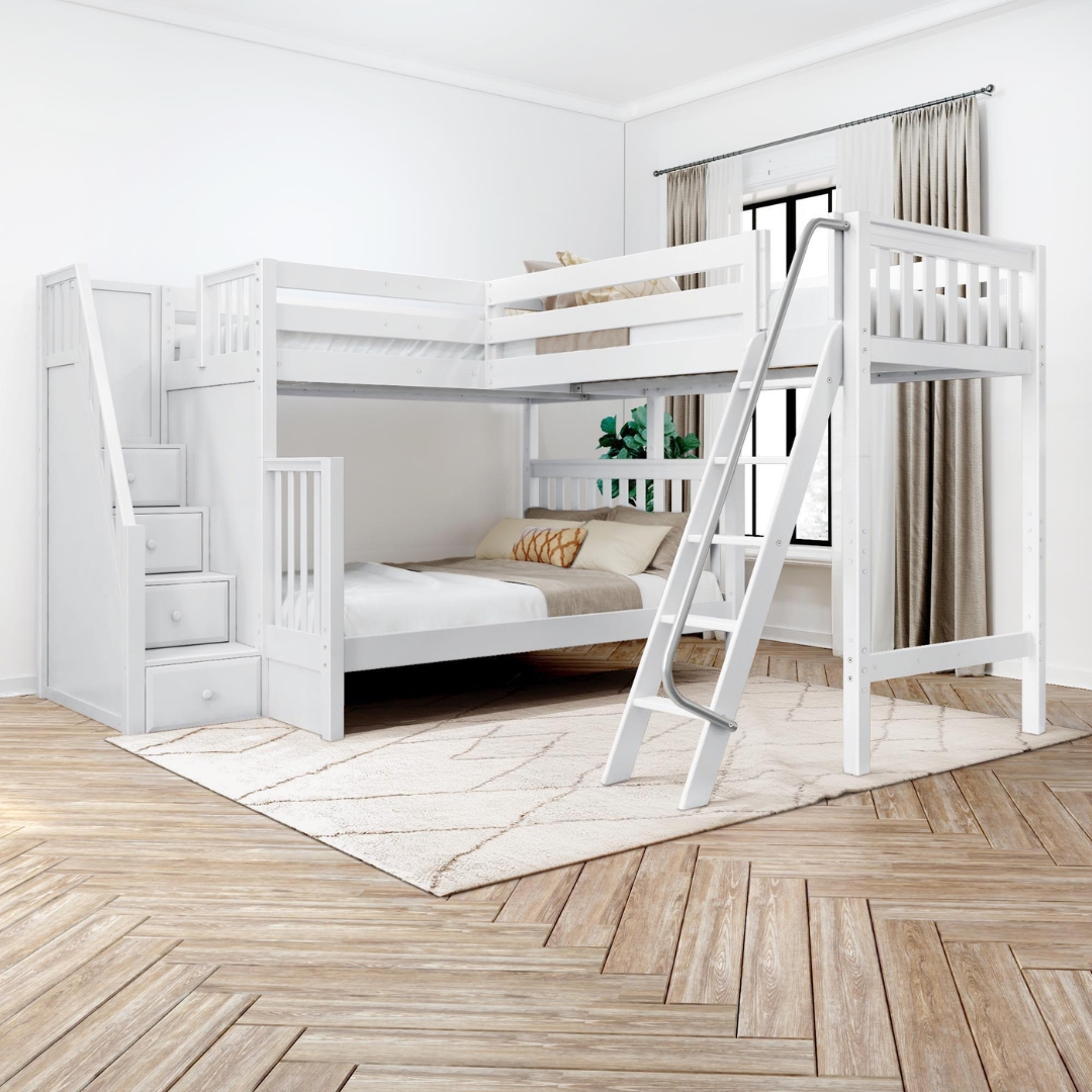 Triple Corner Bunk Bed: L-shaped White Wood Configuration