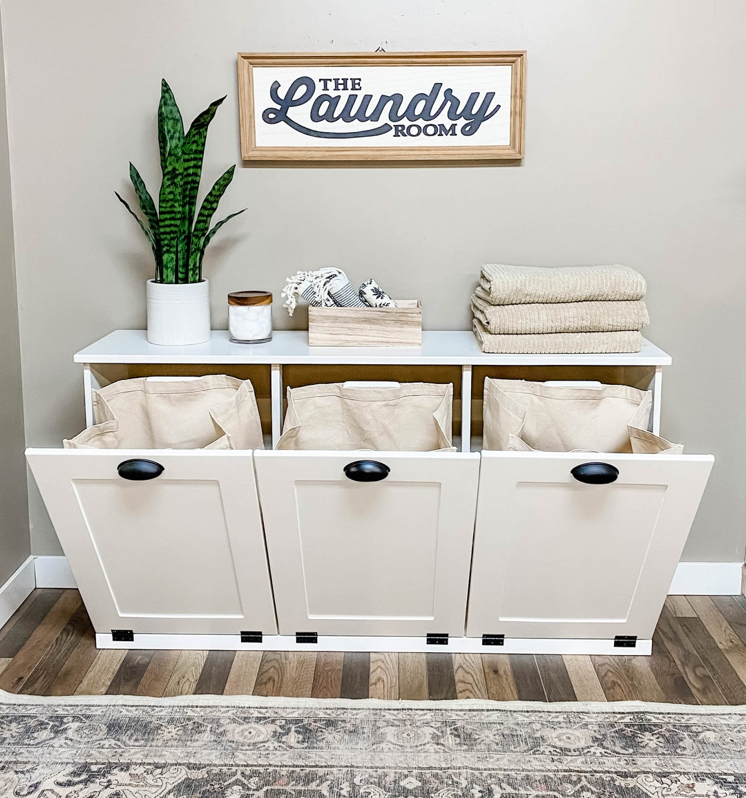 Triple Tilt-Out Hamper Cabinet: Shaker Panels Canvas Liners