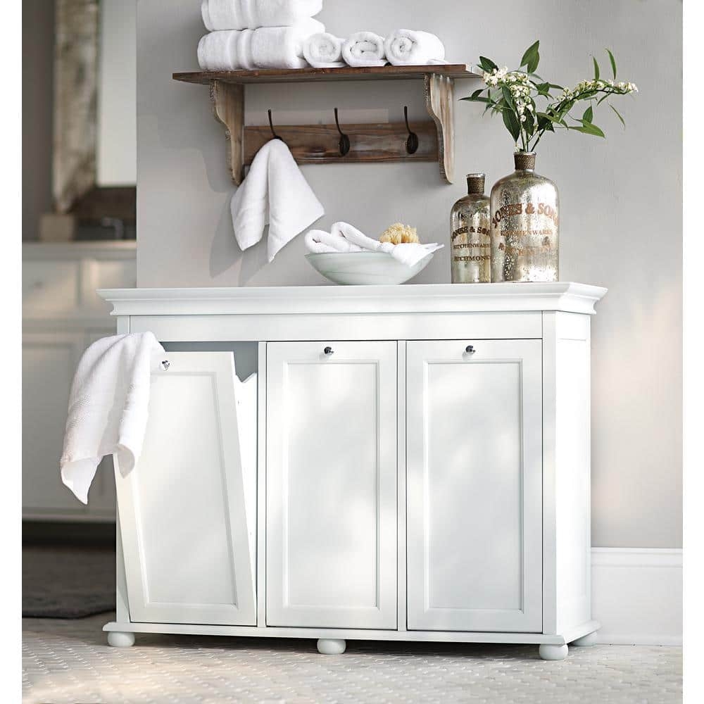 Triple Tilt-Out Hamper: White Bun Feet Three Compartment Bin