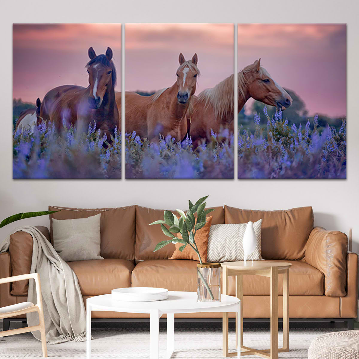 Triptych Canvas Lavender Field Three Panel Horse Art
