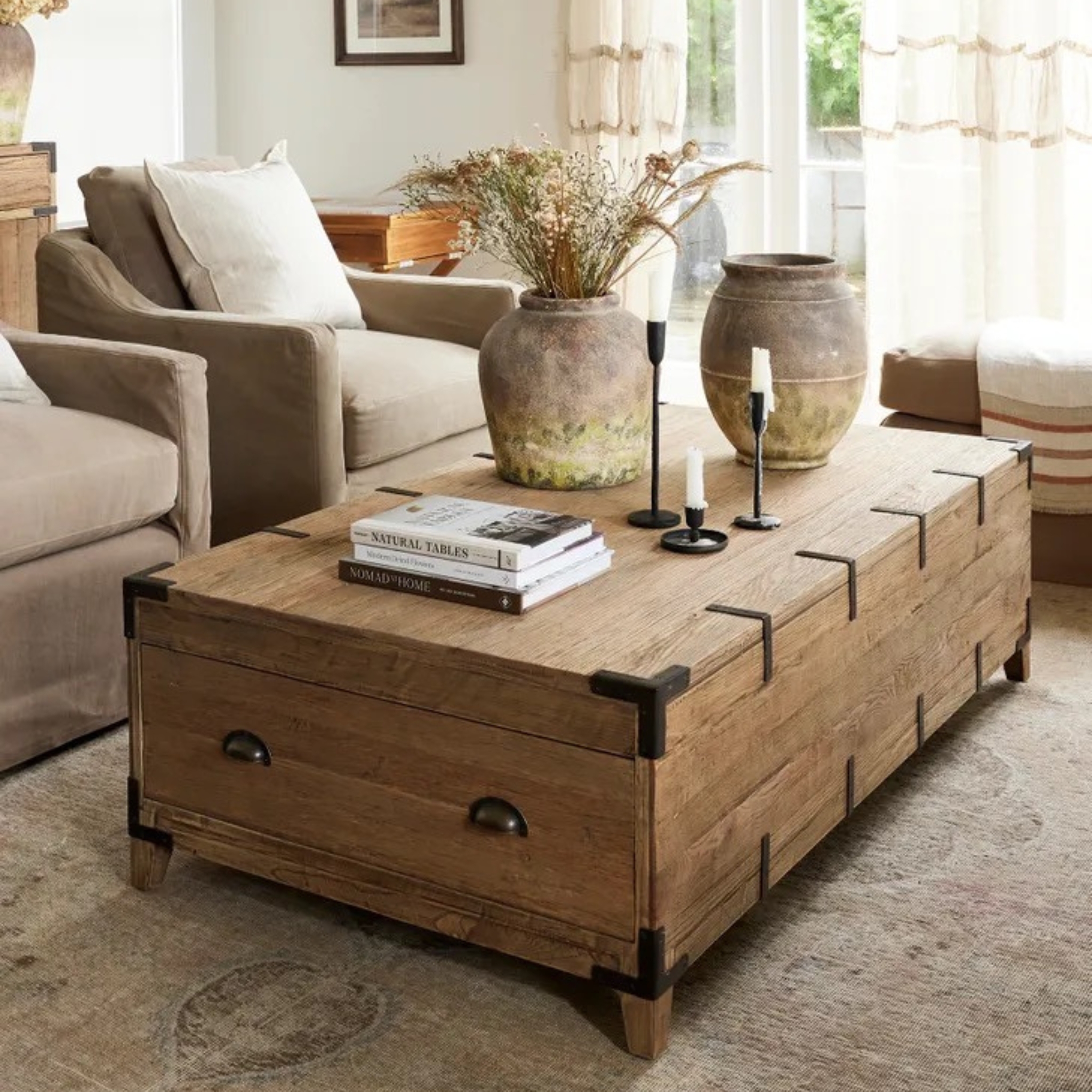 Trunk Coffee Table Oak Finish with Integrated Drawers