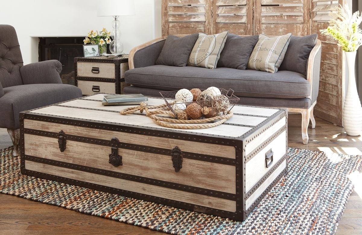 Trunk Coffee Table Whitewashed Finish Metal Straps