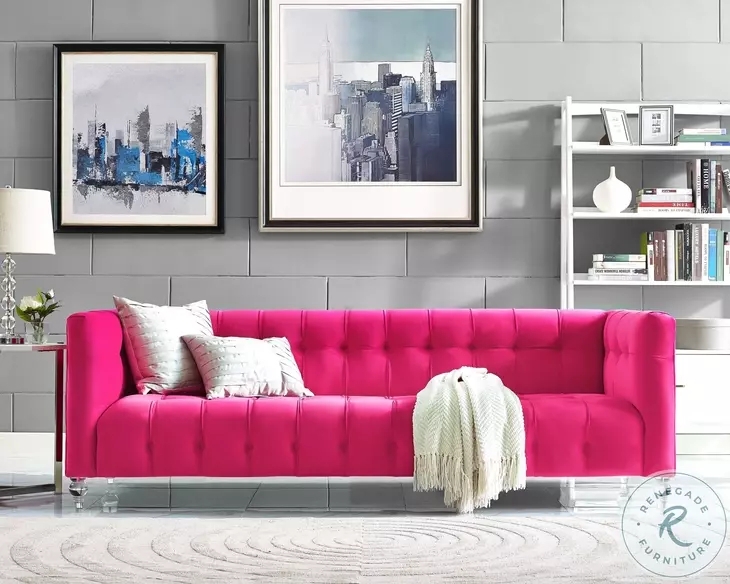 Tufted Sofa Bright Magenta Modern Glam Clear Acrylic Legs