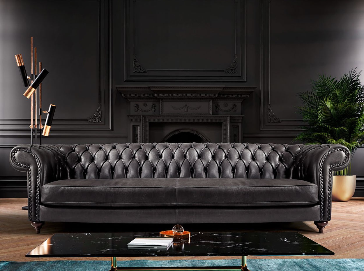 Tufted Sofa Charcoal Gray Rolled Arm Seating Design