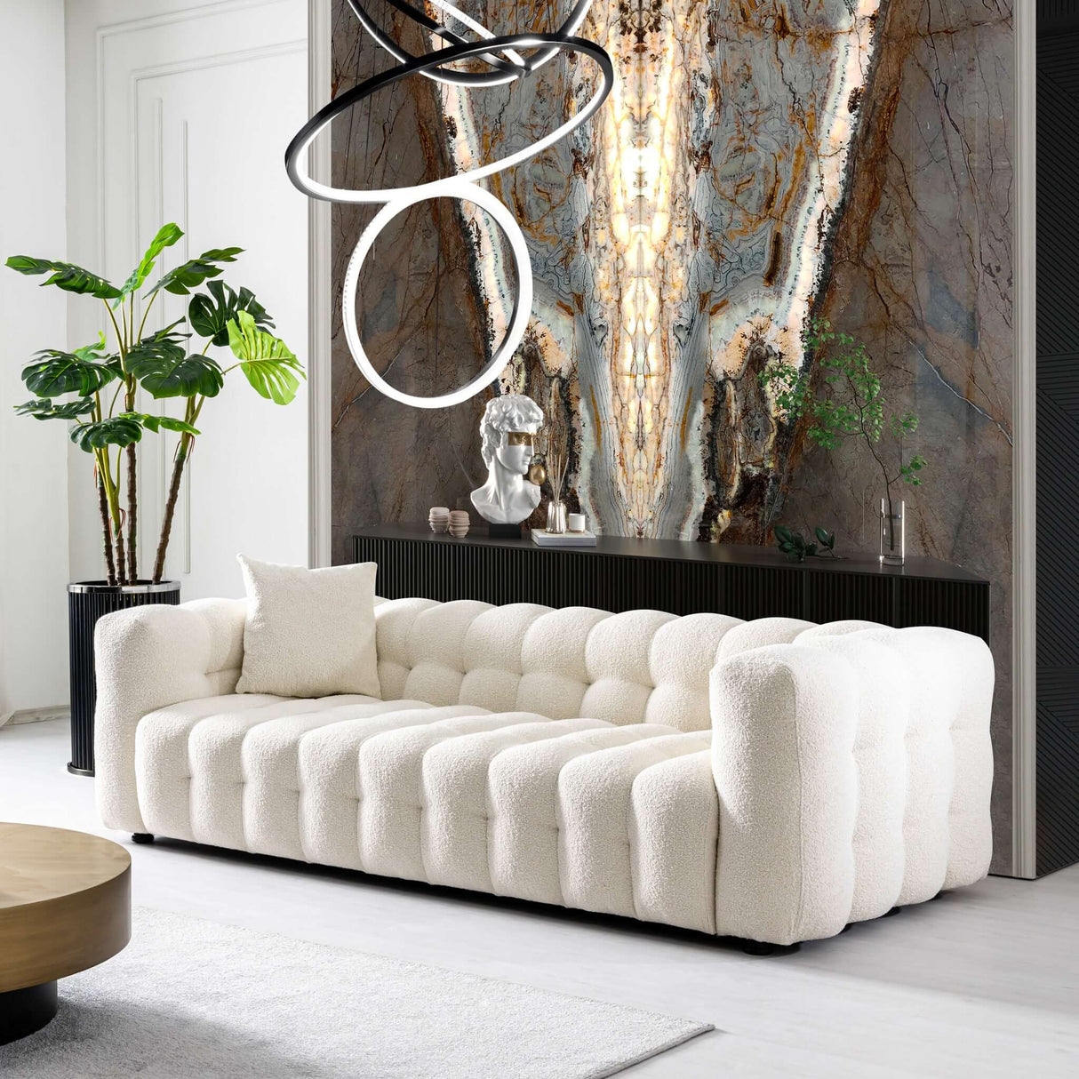 Tufted Sofa Cream Boucle Bubbled Silhouette Furniture