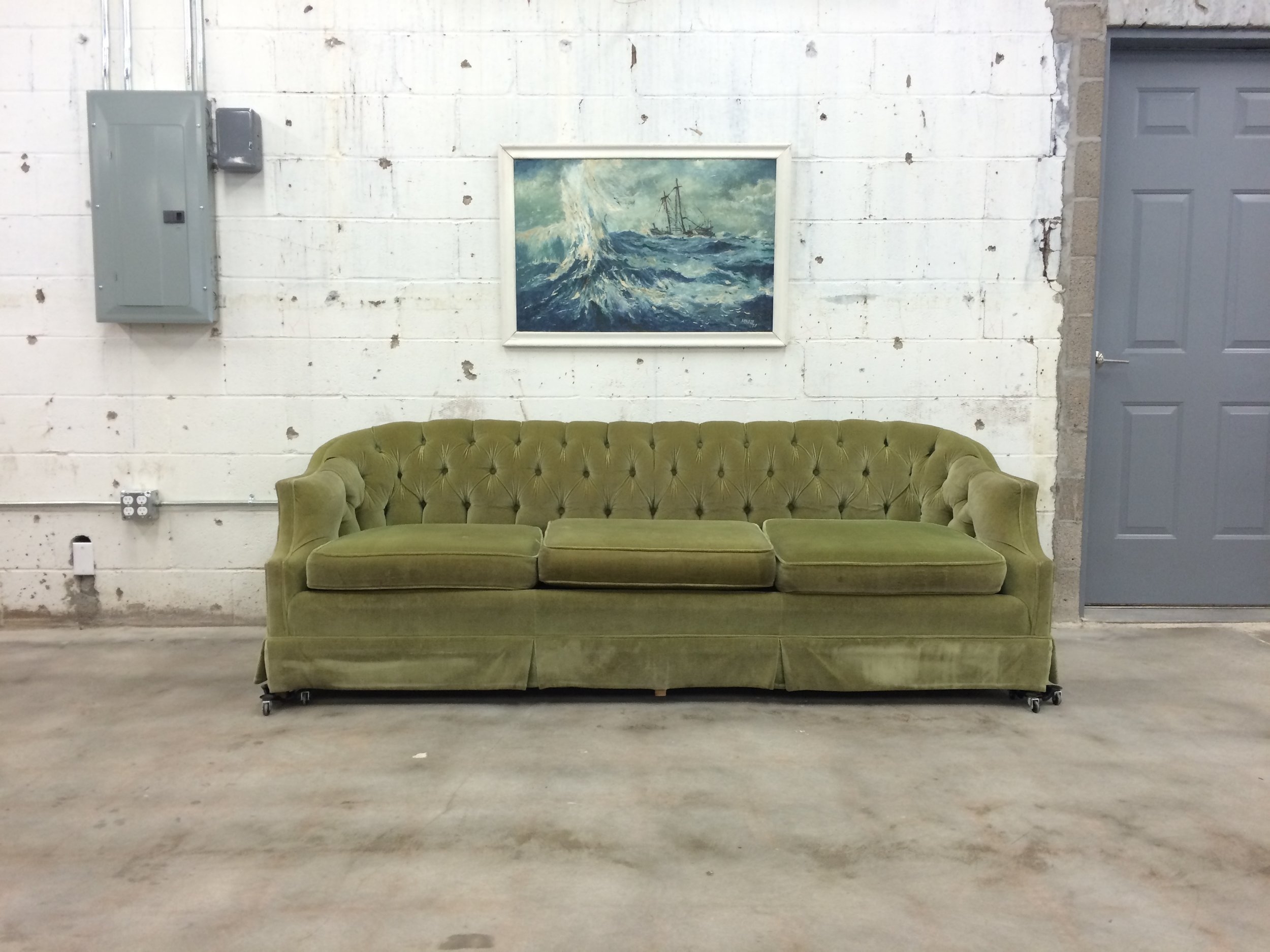 Tufted Sofa: Skirted Profile Vintage Moss Green Sofa