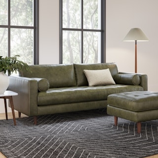 Tufted Sofa with Bolster Pillows Olive Green Mid-Century Modern Style