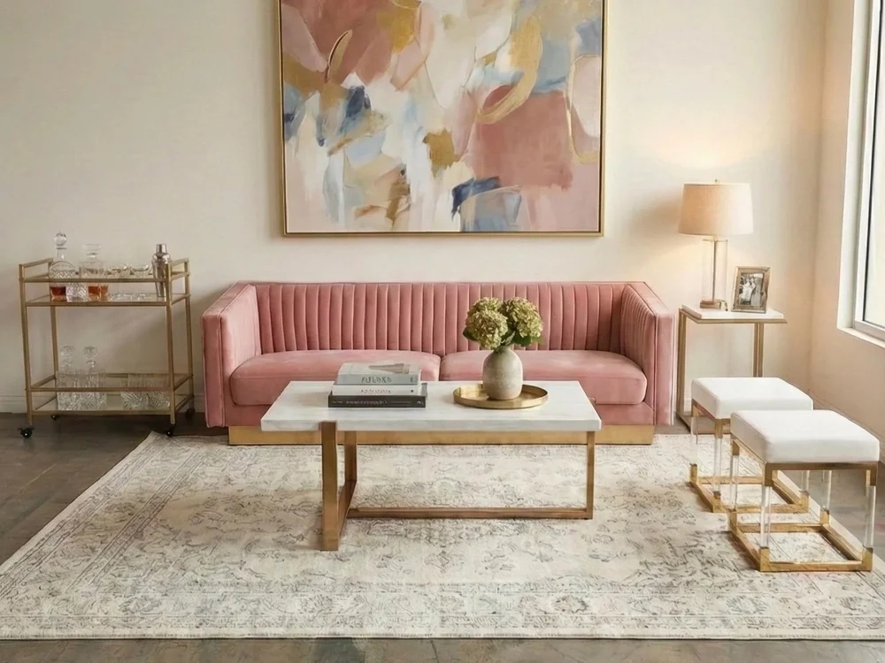 Tuxedo Sofa with Gold Plinth Base and Vertical Pleated Velvet