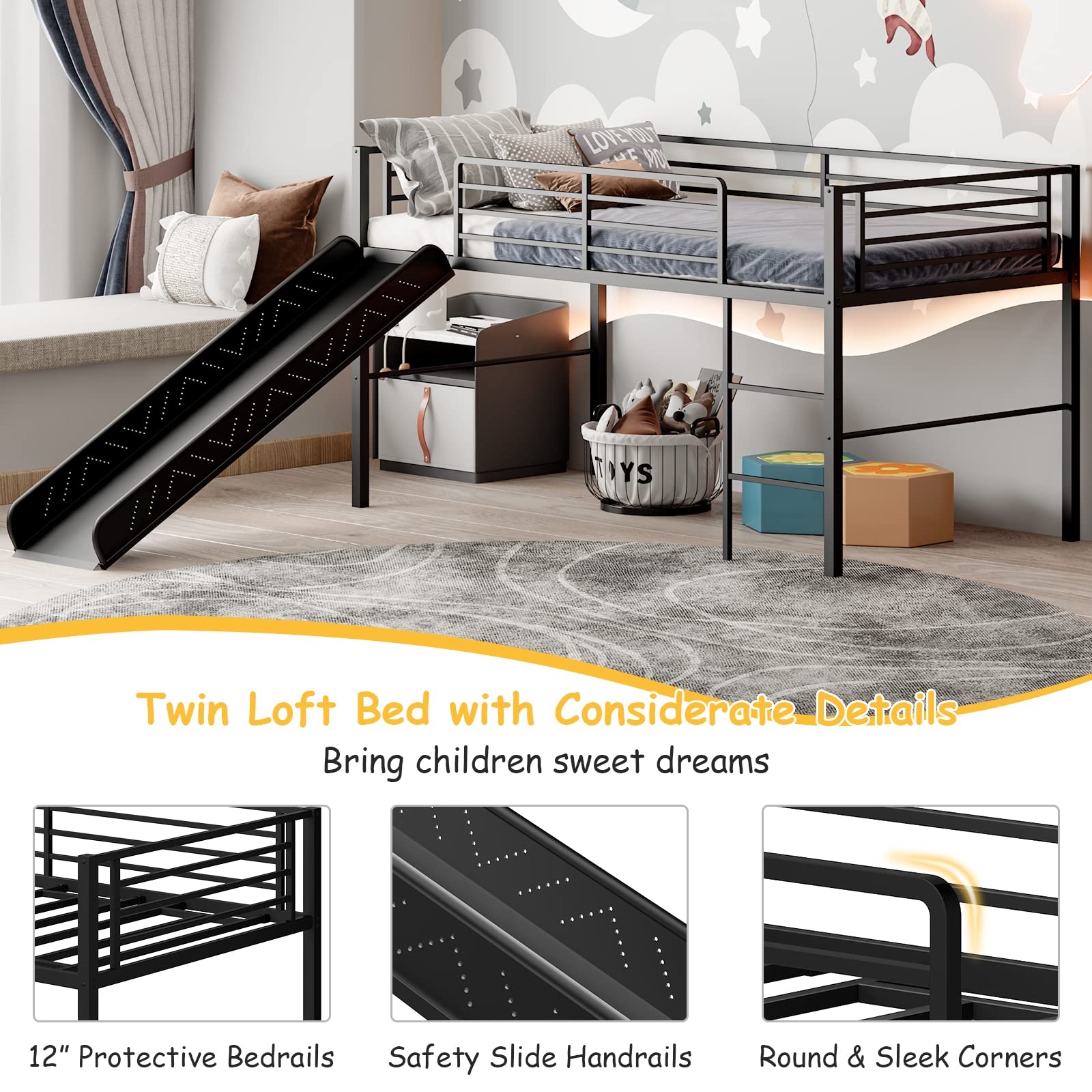 Twin Loft Bed with Perforated Handrails and Black Metal Bed