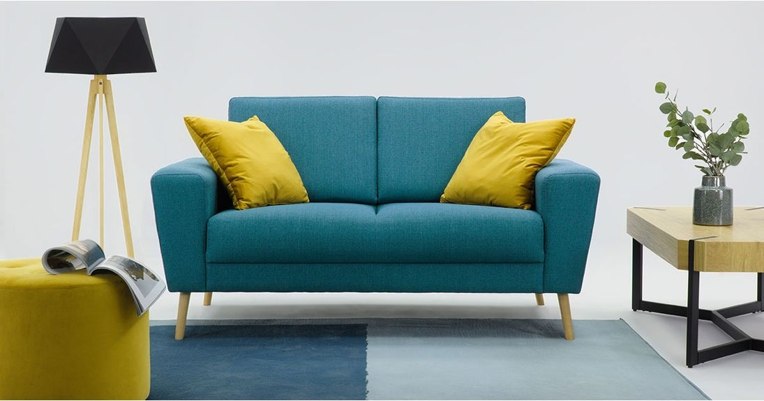 Two Seater Sofa: Mustard Yellow Accents Teal Mid-Century Seating