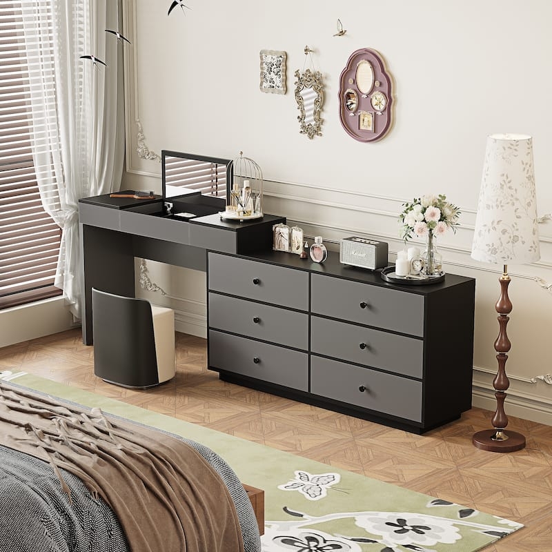 Two-Tone Dresser Desk: Charcoal Grey Charcoal Vanity Mirror
