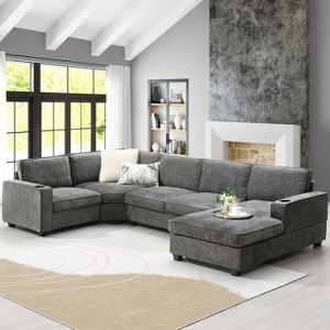 U Shaped Sectional Cup Holders Dark Gray Couch Set