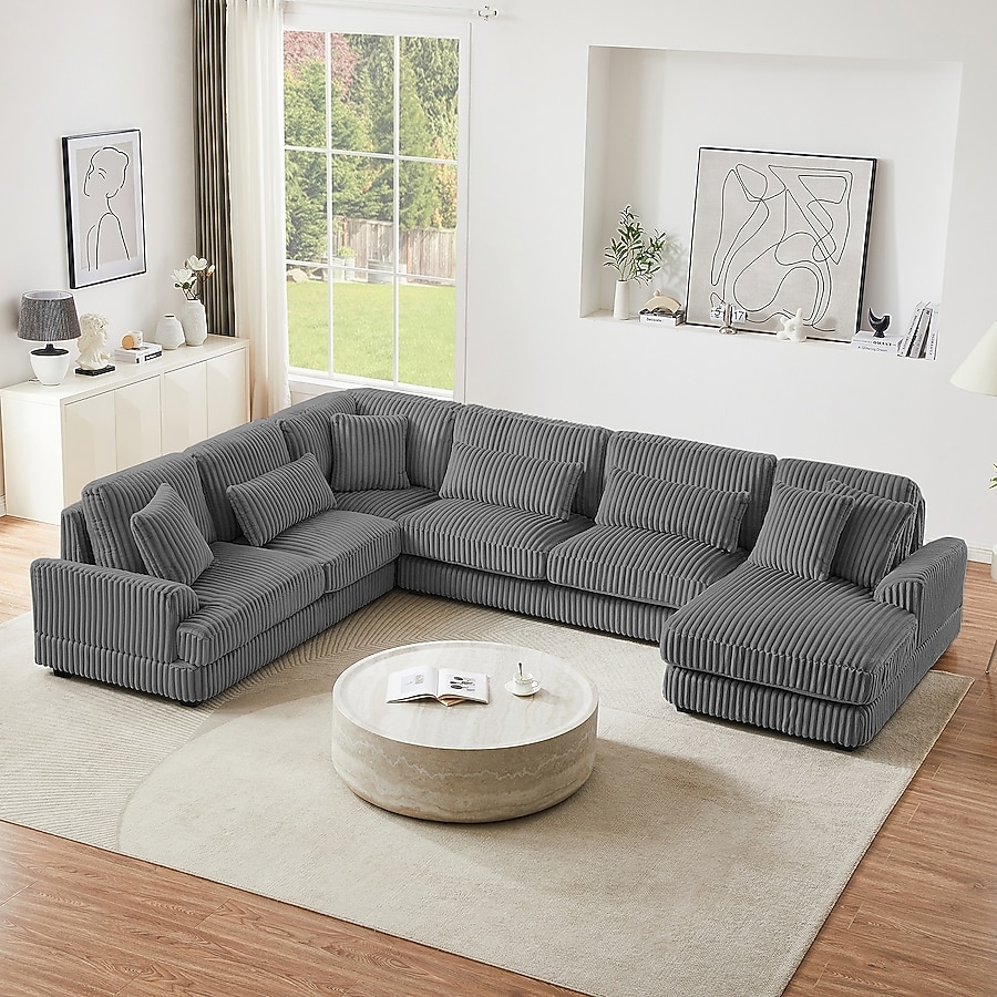 U Shaped Sectional Dark Grey Ribbed Fabric Couch Set