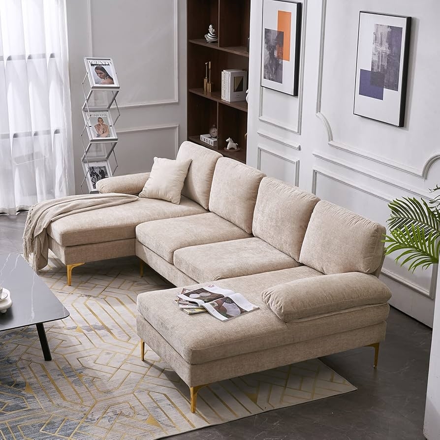 U Shaped Sectional Dual Chaises Gold Tapered Legs