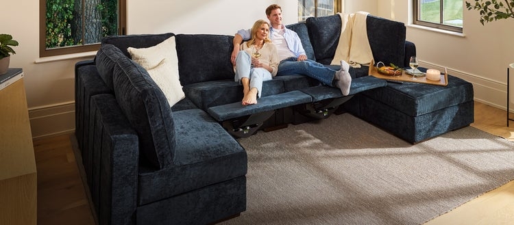 U Shaped Sectional: Navy Modular Reclining Footrests