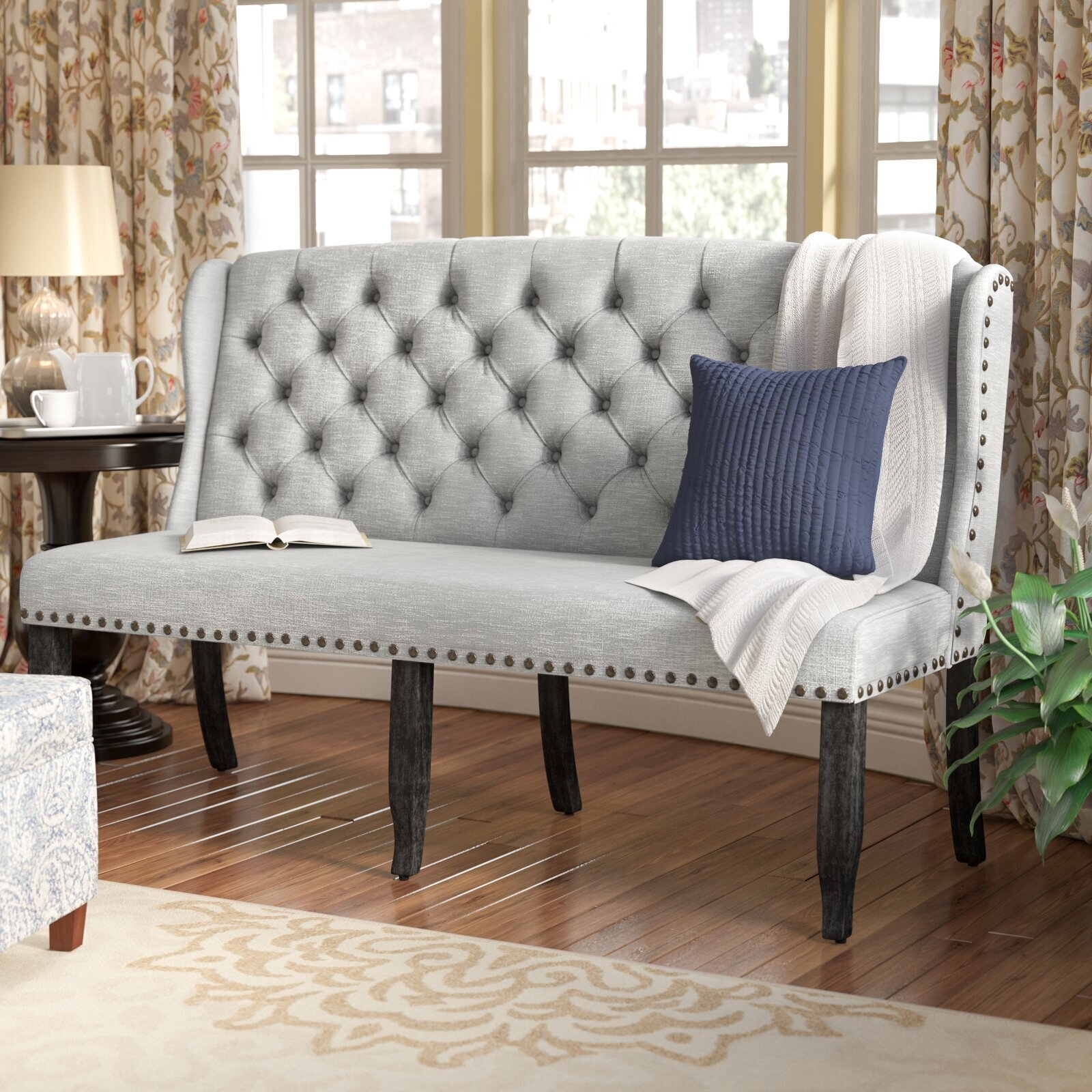 Upholstered Bench Wingback Arms Diamond Tufting Six Leg Base