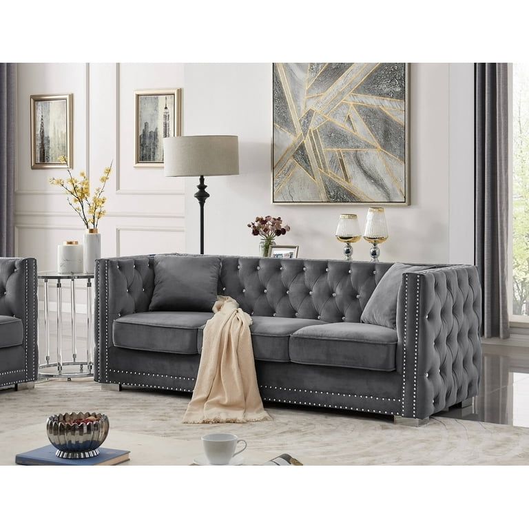 Upholstered Sofa Charcoal Double Nailhead Seating Decor