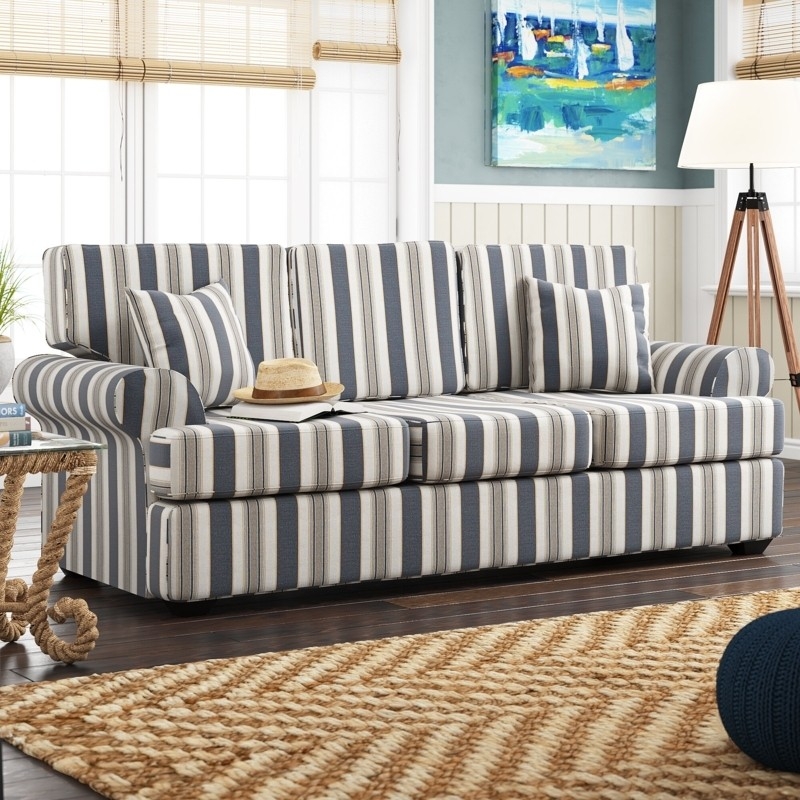 Upholstered Sofa With Navy White Stripes and Rolled Arms