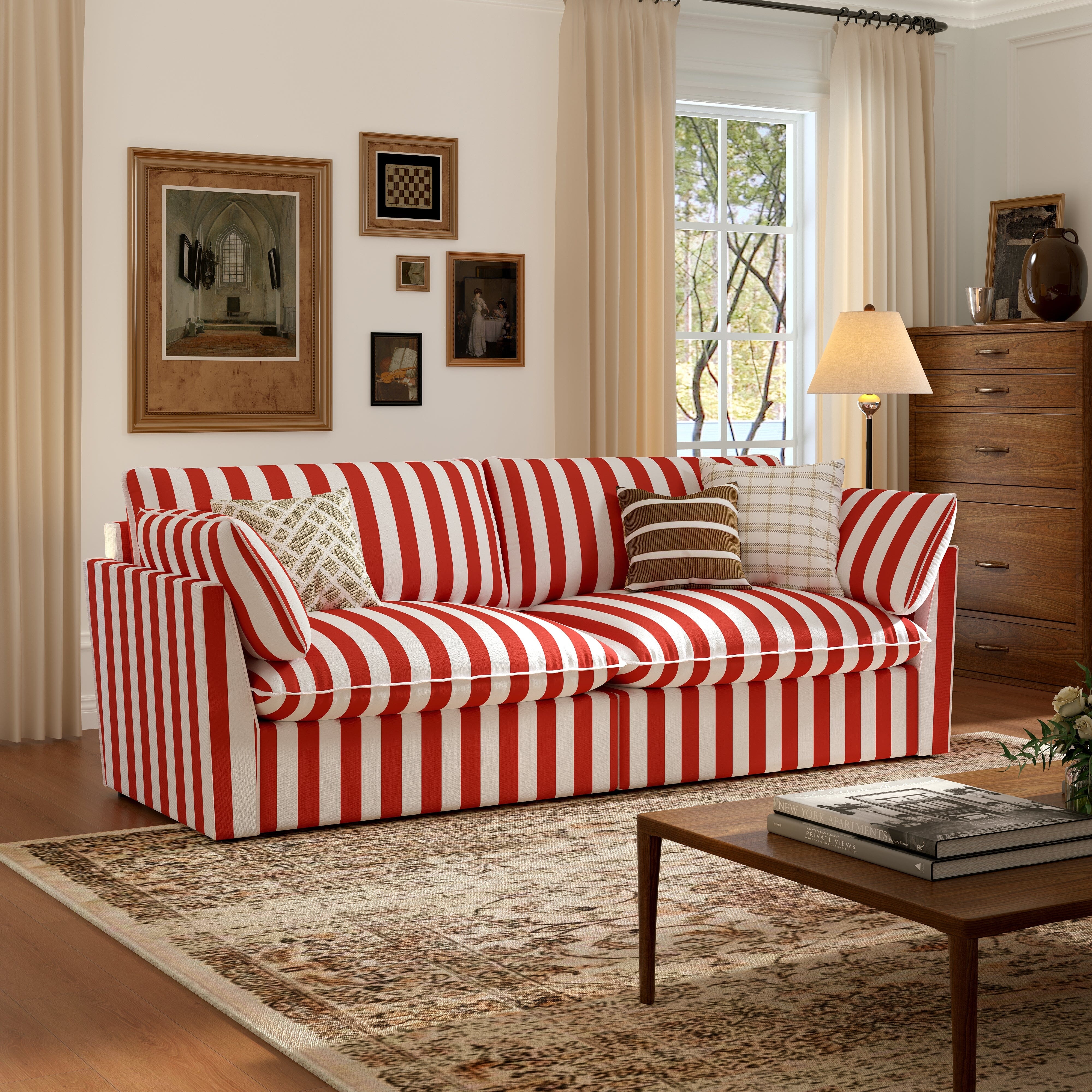 Upholstered Sofa With Red White Stripes and Skirted Base