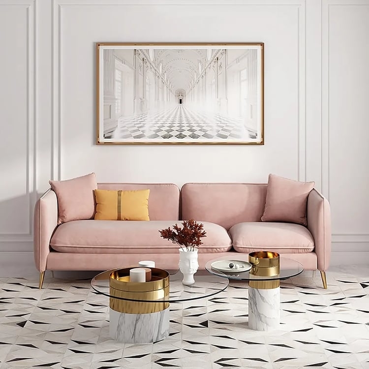 Upholstered Sofa with Three Seater Profile and Gold Tapered Legs